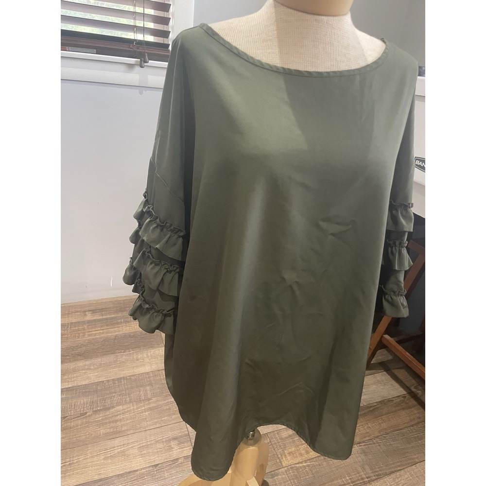 Dark Olive Green Short Ruffle Sleeve Pullover Shirt Top Blouse 4X Minimalist